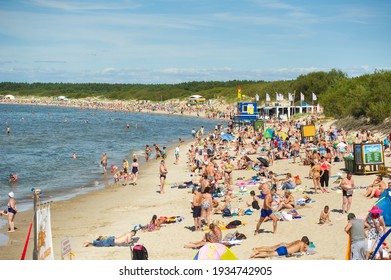 15 August 2017, Palanga, Lithuania. Crowded Beach In Summer Hot Bright Summer Day.