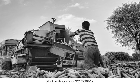 15 August 2022, Sikar, India. Grain Harvester With Thresher Tractor. Tractor With Thresher Machine Closeup In Agriculture Field.