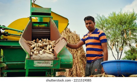 15 August 2022, Sikar, India. Grain Harvester With Thresher Tractor. Tractor With Thresher Machine Closeup In Agriculture Field.