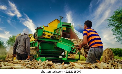 15 August 2022, Sikar, India. Grain Harvester With Thresher Tractor. Tractor With Thresher Machine Closeup In Agriculture Field.