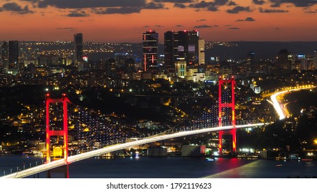 
15 july martyrs bridge night view after sunset and vehicle traffic behind european side