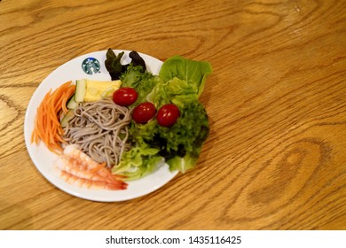 15 June 2019; Bangkok Thailand: Top View Of Dish Of Starbucks Soba Salad With Japanese Sesame Dressing At Starbucks Cafe Coffee Shop.