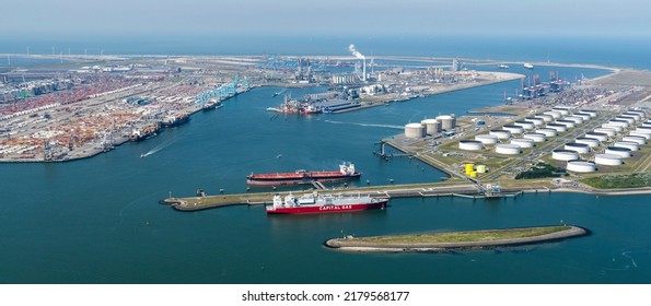 15 June 2022, Rotterdam, Holland. Aerial View Of Lng Tanker Ship  Capital Gas Aristos I At The Maasvlakte In The Port Of Rotterdam. Oil Silo And Containers At The Horizon.