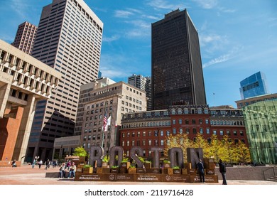 15 May 2017 - Postcard from Boston - City of Boston sign in a square with flags