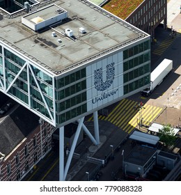 15 May 2017, Rotterdam, Holland. Aerial View Of Blue Band Margarine Factory And On Top Of It De Brug, Dutch Head Office Of The Unilever Company