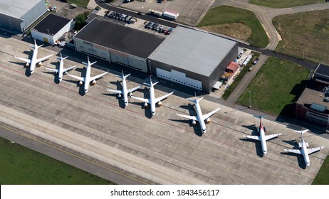 15 September 2020, Beek, Holland. Aerial View Of Maastricht Aachen Airport. Row Of Planes In Front Of Samco Aircraft Maintenance. Including Private Jets, Air Hollandia Fokker 100 And Tus Air Fokker 70