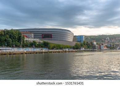 15/09-19, Bilbao, Spain. The San Mamés Soccer Stadium, Home To Athletic Bilbao Is Seen On The Other Side Of The Nervión River.