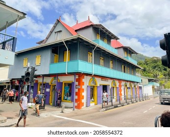 15.10.21 Mahe Seychelles Jivan Import Building, The Only Colourful And Oldest Building In Victoria Town, Still Have A Colonial Design And Now Some Local Stores Are Running Their Businesses Inside 