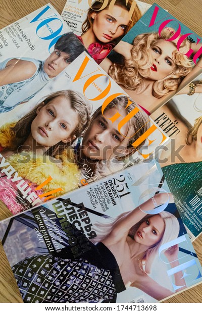 15.11.2018, Moscow, Russia. several Russian\
Vogue magazines close up. fashion\
magazines.