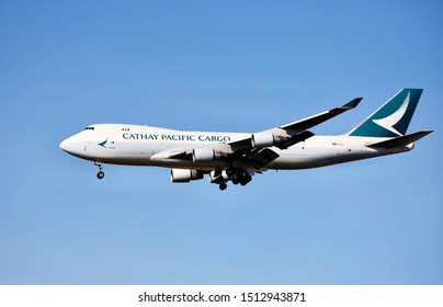 ‍London, U‍K/September 15,2019: A Airplane Of Cathy Pacific Cargo Airlines Landing Toward Heathrow Airport.