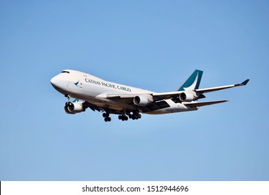 ‍London, U‍K/September 15,2019: A Airplane Of Cathy Pacific Cargo Airlines Landing Toward Heathrow Airport.