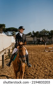 15-year-old Warming Up A Brown Horse In The Equestrian Arena