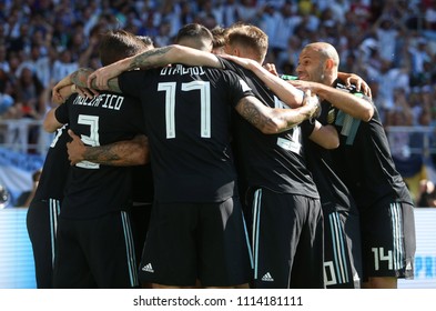 16.06.2018. Moscow, Russian: Aguero score the gol  and celebrates in  the  match Fifa World Cup Russia 2018, Group D, football match between Argentina v Iceland in Spartak Stadium in Moscow.