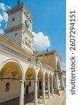 16th century Loggia di San Giovanni in Udine, Italy. A blend of Renaissance and Baroque. Loggia with classical columns and rounded arches in front of an open piazza. In the centre is the clock tower