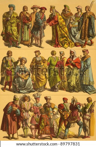 16th Century Netherlands Costumes. Engraved by Fr.Hottenroth and published in Trachten, Haus, Feld und Kriegsgerathschaften der Volker alter und neuer Zeit, Germany, 1890.