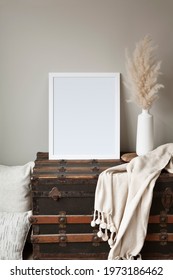 16x20 Vertical Fall Or Winter Frame Mockup. Cosy, Bohemian Style Interior Setting With Vintage Props.