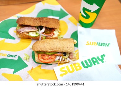 17 Aug 2019; Nonthaburi Thailand: Background of Subway Sandwiches Sets at Subway Sandwich Restaurant. Subway is a Restaurant Franchise sells Submarine Sandwiches and Salads.