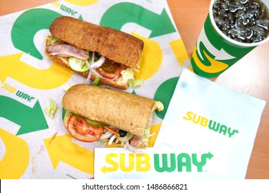 17 Aug 2019; Nonthaburi Thailand: Top View Sandwiches Fast Food at Subway Sandwich Restaurant. Subway is a Restaurant Franchise sells Submarine Sandwiches and Salads.