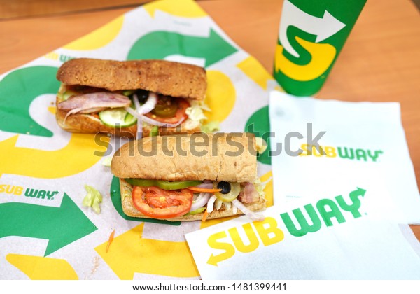 17 Aug 2019;\
Nonthaburi Thailand: Background of Subway Sandwiches Sets at Subway\
Sandwich Restaurant. Subway is a Restaurant Franchise sells\
Submarine Sandwiches and\
Salads.