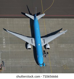 17 July 2017, Haarlemmermeer, Holland. Aerial view of KLM Royal Dutch Airlines Boeing 777, PH-BVF, at the platform at Schiphol Amsterdam Airport .