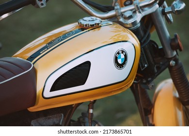 17 June 2022, Antalya, Turkey: BMW Vintage Motor Bike. Close-up On A Company Logo Brand On A Fuel Tank