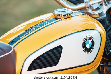 17 June 2022, Antalya, Turkey: BMW Vintage Motor Bike. Close-up On A Company Logo Brand On A Fuel Tank