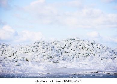 17.03.2018. MERSRAGS, LATVIA. Massive Area With Huge Ice Wimp Stack In Sea.