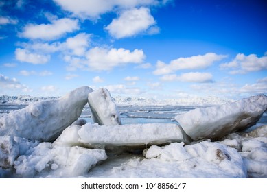 17.03.2018. MERSRAGS, LATVIA. Massive Area With Huge Ice Wimp Stack In Sea.