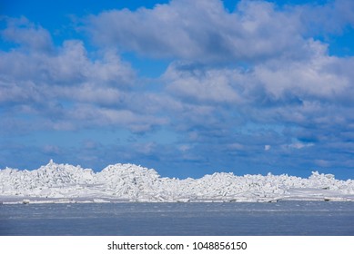 17.03.2018. MERSRAGS, LATVIA. Massive Area With Huge Ice Wimp Stack In Sea.