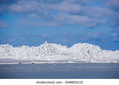 17.03.2018. MERSRAGS, LATVIA. Massive Area With Huge Ice Wimp Stack In Sea.