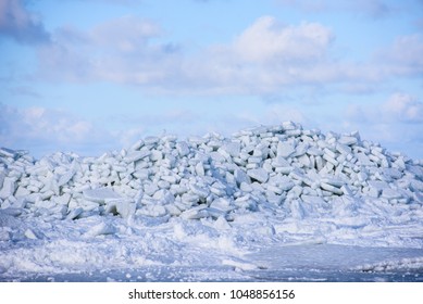 17.03.2018. MERSRAGS, LATVIA. Massive Area With Huge Ice Wimp Stack In Sea.