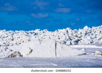 17.03.2018. MERSRAGS, LATVIA. Massive Area With Huge Ice Wimp Stack In Sea.