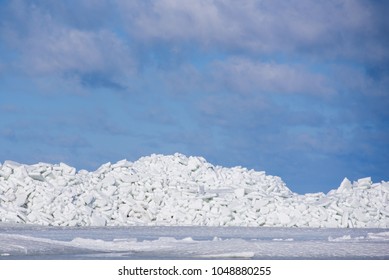 17.03.2018. MERSRAGS, LATVIA. Massive Area With Huge Ice Wimp Stack In Sea.