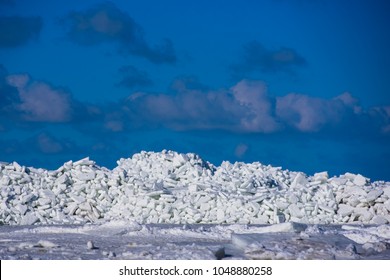 17.03.2018. MERSRAGS, LATVIA. Massive Area With Huge Ice Wimp Stack In Sea.