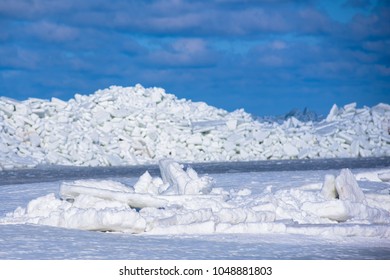 17.03.2018. MERSRAGS, LATVIA. Massive Area With Huge Ice Wimp Stack In Sea.