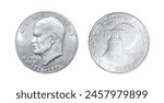 1776 - 1976 D Denver mint Dwight D Eisenhower IKE Liberty Bell with moon Silver on reverse side One Dollar Us Bicentennial silver coin. In god we trust isolated on white background both sides