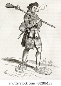 17th century Hudson bay settler, old illustration. By unidentified author, published on Magasin Pittoresque, Paris, 1844