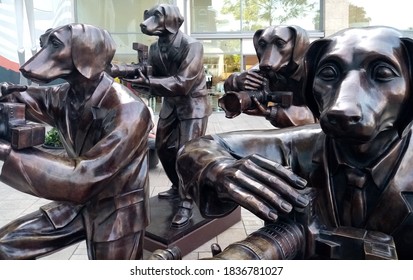 17th September 2020, Dublin, Ireland. Paparazzi Dogs with Cameras bronze statues designed by artists Gillie and Marc Schattner outside the entrance to Dundrum Shopping Centre in South Dublin. 