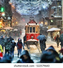 18 February 2015 Turkey Istanbul. People Walk On Istiklal Street In Winter Night