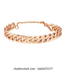 18 Karat Rose Gold Chain Bracelet Isolated on White. Linked-Chain Design Golden Jewellery. Wristband Accessories. Precious Metal Jewelry. Women's & Men's Link Bracelet with Lobster Claw Clasp