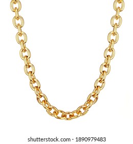 18 Karat Yellow Solid Gold Oval Anchor Link Chain Necklace with Lobster Claw Clasp Isolated on White. Linked-Chain Design Golden Jewellery. Luxury Neck Accessories. Precious Metal Jewelry