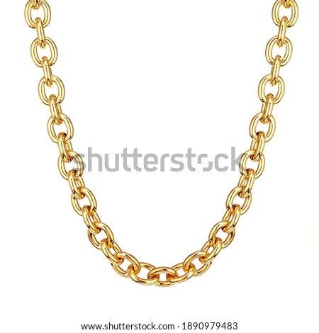 18 Karat Yellow Solid Gold Oval Anchor Link Chain Necklace with Lobster Claw Clasp Isolated on White. Linked-Chain Design Golden Jewellery. Luxury Neck Accessories. Precious Metal Jewelry