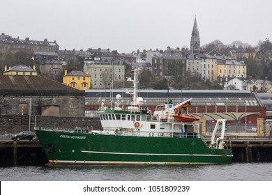 18 March 2018 Cork City Harbour Ireland The Marine Institute Research Vessel Celtic Voyager On Her Berth During A Late Winter Snow Storm