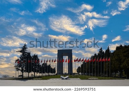 18 March memorial monument for soldiers who died in Canakkale war in WW1, Turkish flag and clouds with sky