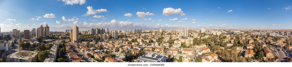 180 degree panoramic view on commercial and residential buildings Beer Sheva city at winter