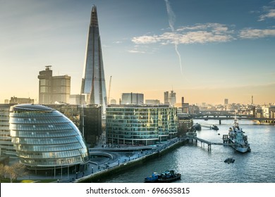 18/01/2017 London, UK, Aerial Shot Of The Shard And City Hall By The Thames At Sunset