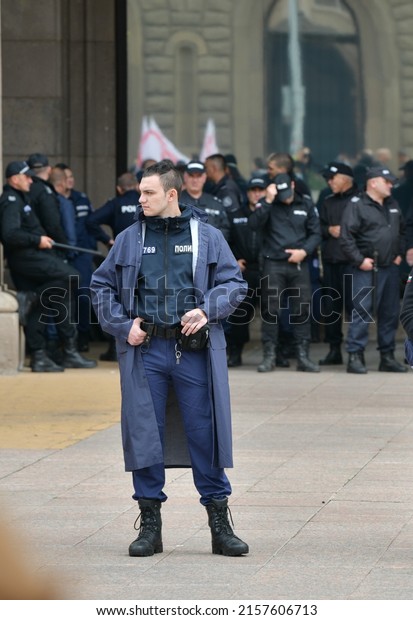 18.05.2022. Sofia, Bulgaria. Police man
standing on guard during the protest in Sofia,
Bulgaria.