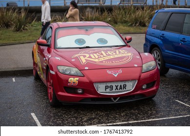 18/06/2020 Blackpool, England Car Meet In The Pleasure Beach Car Park Rustee Lightening Mcqueen Wrap Red Mazda RX8 On A Rainy Day Shot Professionally With Nice Wheels Power P9XAR 