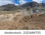 1850 Small Ice Age brown and gray moraines of Vallelunga Glacier near the Pio XI mountain hut. Vallelunga, Alto Adige - Sudtirol, Italy. Small Ice Age is the last glacial period in the Alps