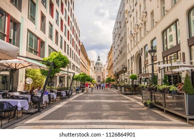 18/5/25, Budapest, Hungary: Urbanscape with the street leading tho the  St. Stephen's Basilica built in Neoclassical style.
